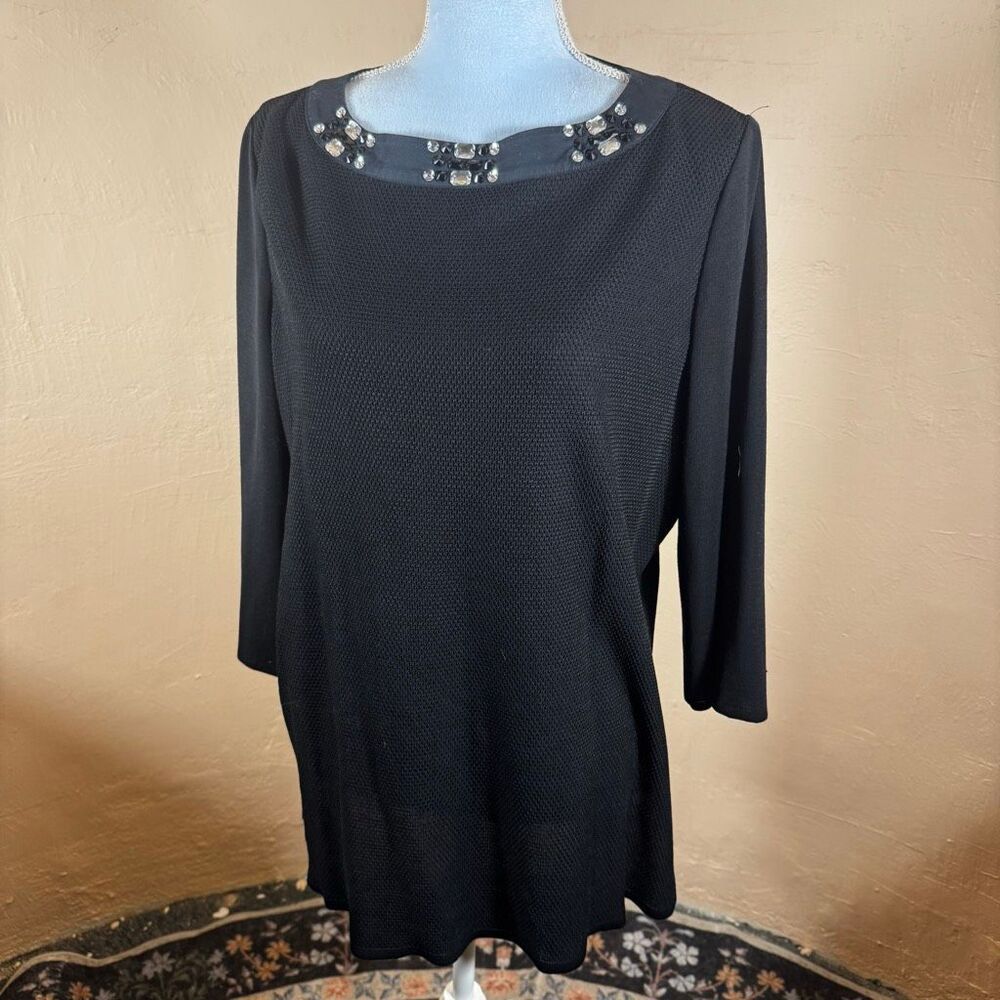 Misook Collection Womens Jeweled Neck 3/4 Sleeve Knit Tunic Top Black Size Large